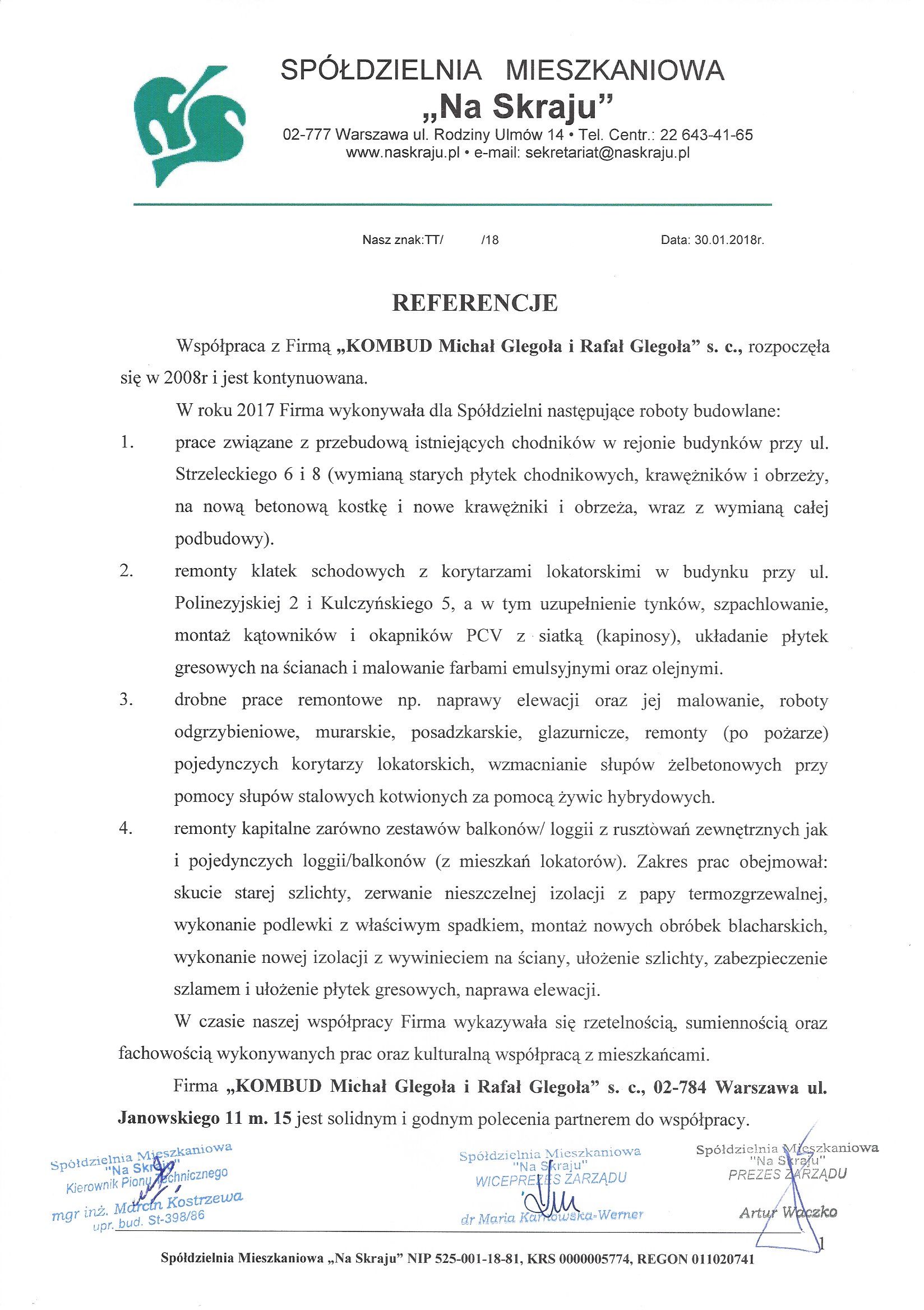 List referencyjny spółdzielni mieszkaniowej Na Skraju